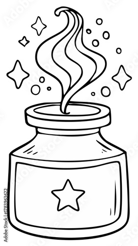 Magic Potion Bottle with Steam and Stars Line Art Illustration