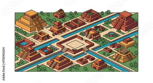 Ancient mesoamerican city in isometric view with pyramids and canals