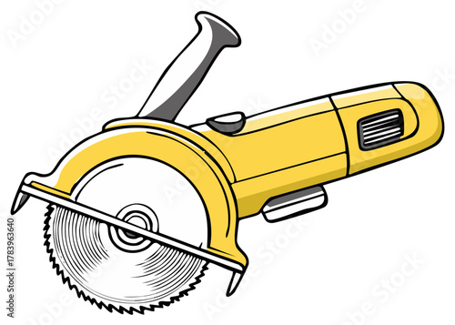 Yellow and grey circular saw illustration, isolated construction and carpentry tool