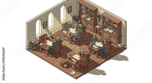 Medieval scriptorium scene with monks writing in isometric library setting