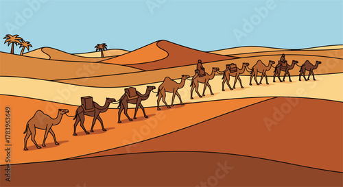 Caravan of camels crossing a desert landscape in vibrant colors