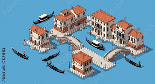 Charming isometric venice scene with canals and gondolas on a clear blue day