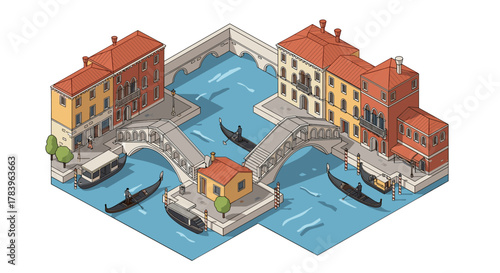 Isometric canal scene with venetian architecture and gondolas