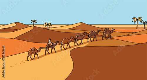 Desert caravan journey through golden sand dunes at sunset