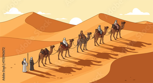 Caravan journey through majestic desert dunes at sunset