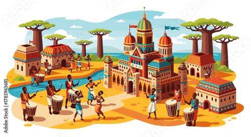 Colorful african village with drummers and traditional architecture