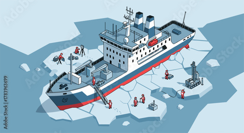 Isometric icebreaker ship on arctic ice with researchers conducting scientific study