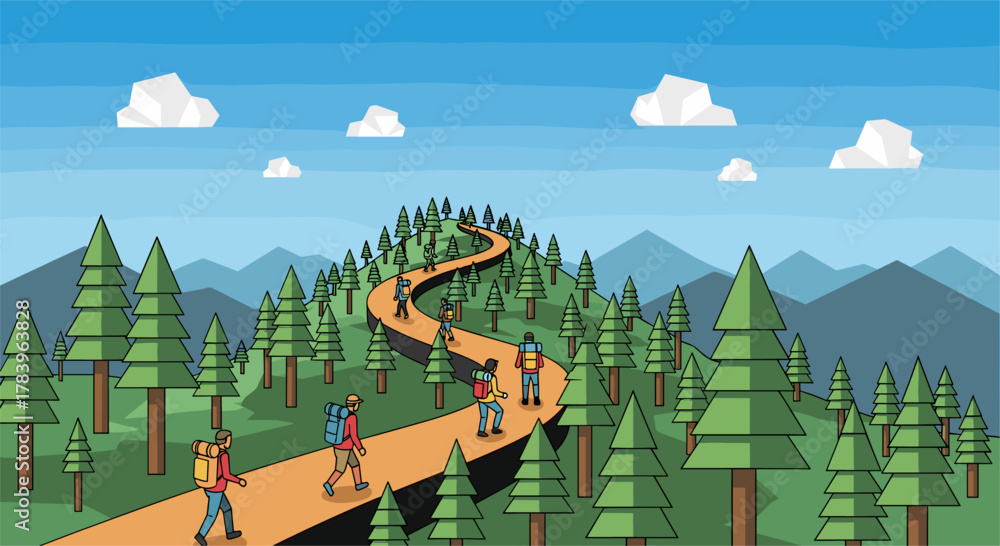 Naklejka premium Hikers explore a winding trail through a vibrant forest landscape in comic style