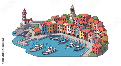 Coastal town with colorful buildings and boats docked in harbor