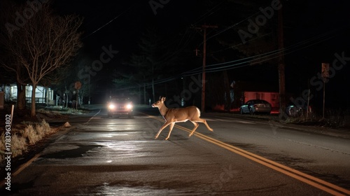 A deer is crossing the road at night while a car approaches with its headlights on, highlighting the stillness of the surrounding neighborhood and creating an atmospheric scene.