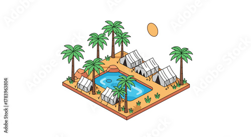 Desert oasis retreat camp with palm trees and tents isometric design