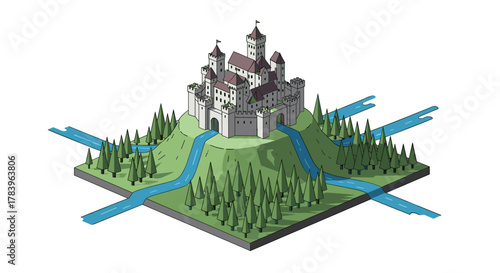 Medieval castle on hill surrounded by forest and rivers in isometric design