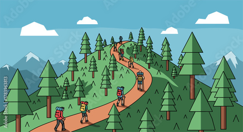 Group hiking on mountain trail in flat design with backpackers and pine trees