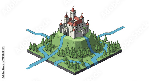 Medieval castle on hilltop with forest and river in isometric design