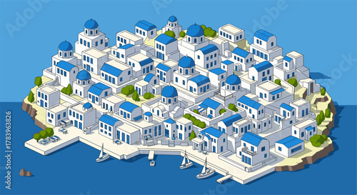 Picturesque coastal village with blue roofs and white buildings in isometric design