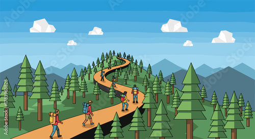Hikers explore a winding trail through a vibrant forest landscape in comic style