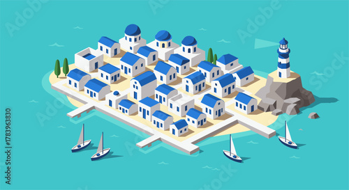 Isometric greek island village with blue and white architecture and lighthouse