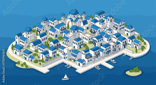 Charming coastal village with white and blue architecture in isometric style