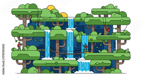 Linear cartoon jungle adventure with waterfalls and rope bridges