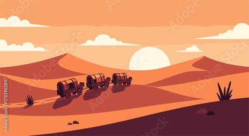 Retro desert caravan at sunset with rolling dunes and clouds in minimalist style