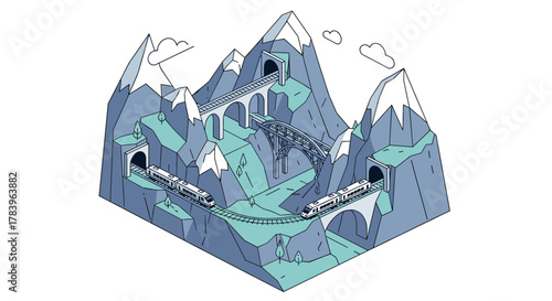 Isometric train journey through mountainous landscape with bridges and tunnels