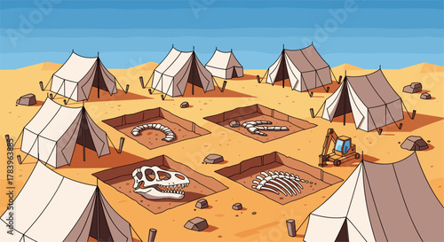 Cartoon archaeological dig with dinosaur fossils and excavation tents in desert