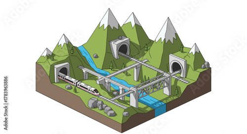 Isometric mountain landscape with train tunnels and bridges
