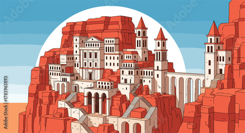 Ancient cliffside cityscape with majestic architecture in vibrant colors