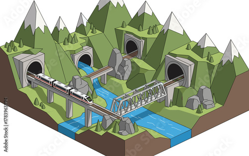 Isometric mountain train journey with tunnels, bridges, and streams