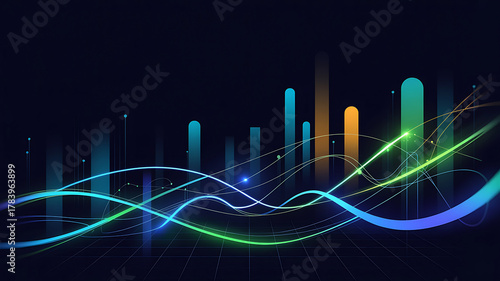Abstract glowing blue and green lines over dark background with bars image