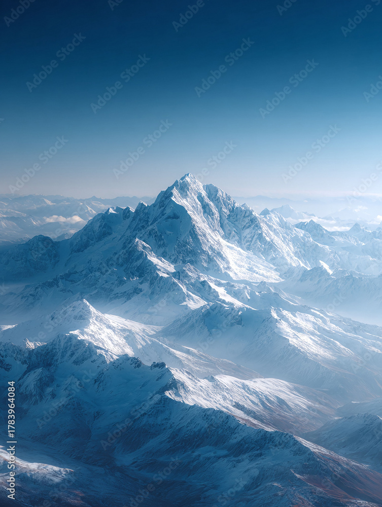 Obraz premium Majestic snowcapped mountain range under a clear, azure sky. A symbol of strength, endurance, and serene beauty. Ideal for travel, adventure, or nature themes.