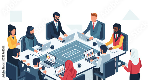 Collaborative business meeting with diverse professionals in an office setting