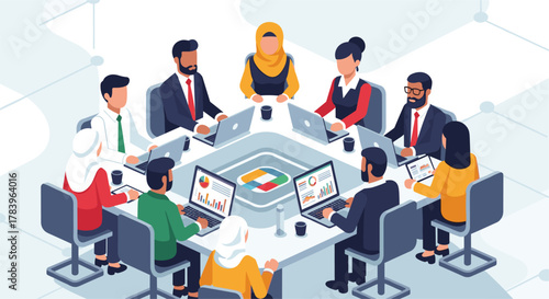 Collaborative meeting with diverse team using technology at round table