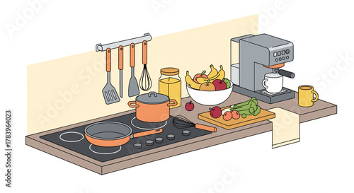 Modern kitchen countertop with cooking utensils, fresh produce, and coffee machine in isometric style