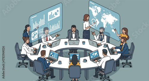 Diverse business team in meeting analyzing data on interactive screens