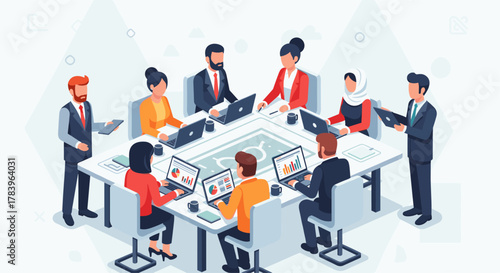 Collaborative business meeting with diverse team using laptops around conference table
