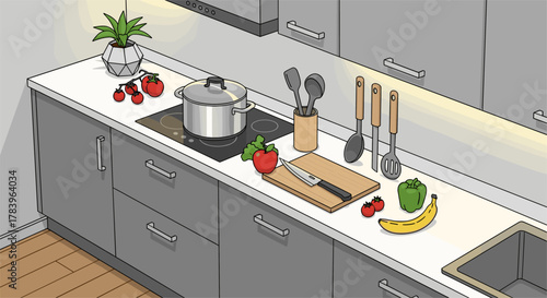 Modern kitchen counter with cooking pot, utensils, vegetables, and fruits in a sleek interior