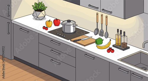Modern kitchen with cooking utensils and fresh vegetables on countertop