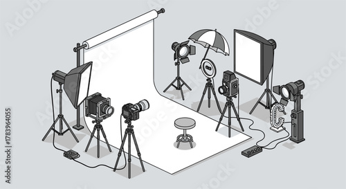 Professional photography studio setup with cameras and lighting equipment in isometric style