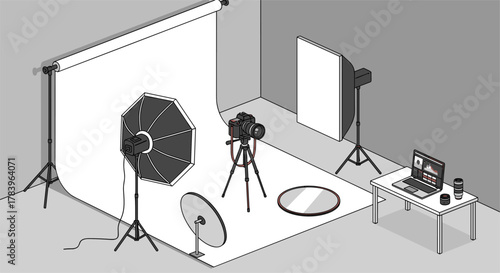 Professional photography studio setup with lighting and equipment