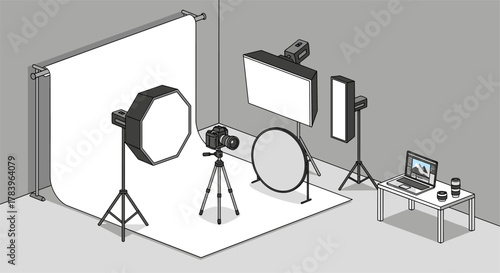 Modern isometric photography studio setup with professional equipment