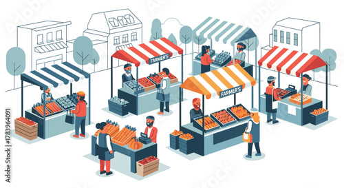 Vibrant farmers market scene in isometric design with stalls and shoppers