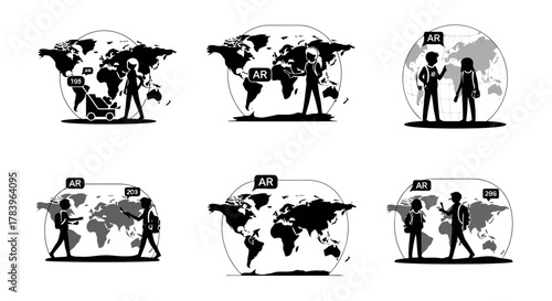 Augmented Reality Users in Global Community Walking with Stroller Looking at Mobile Device in World Map Concept Vector Illustration with Statistic Data Exactly 200 Characters