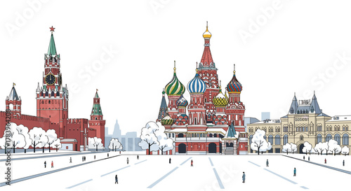 Iconic russian architecture with st. basil's cathedral and the kremlin in winter