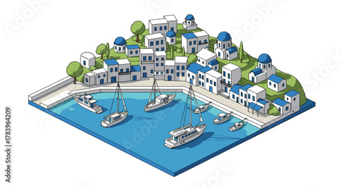 Isometric coastal village with white buildings and boats in blue water