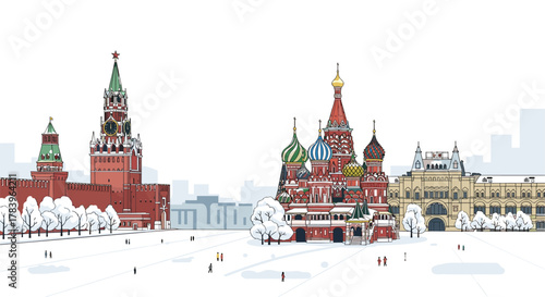 Iconic moscow winter scene featuring st. basil's cathedral and kremlin tower skyline