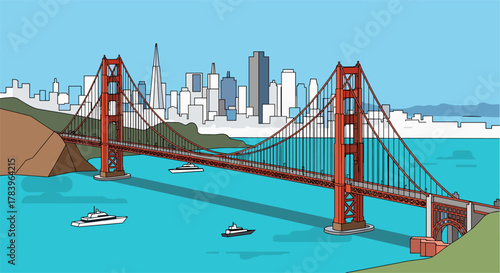 Iconic golden gate bridge with san francisco skyline in vibrant colors