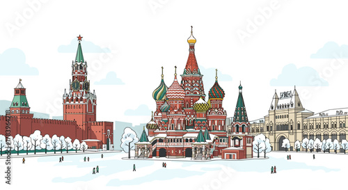 Colorful winter scene of iconic moscow architecture with st. basil's cathedral and kremlin