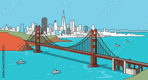 Colorful san francisco skyline with golden gate bridge and cityscape