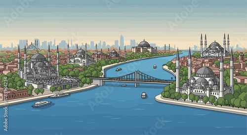 Scenic river cityscape with historic landmarks and bridges in detailed art style